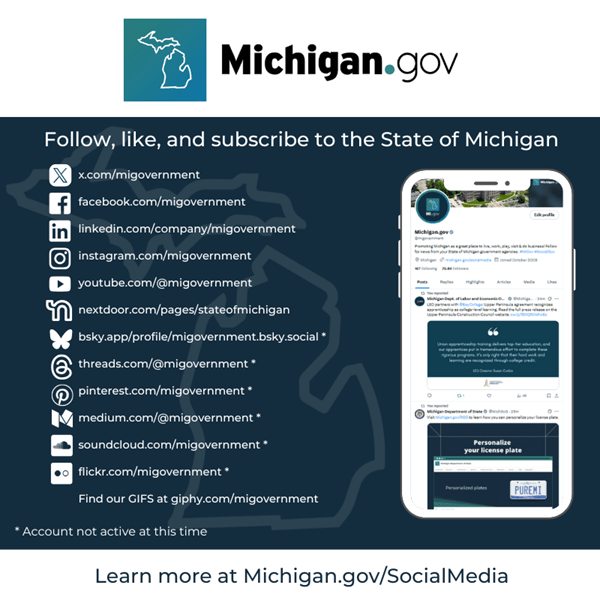 Includes links to all the global State of Michigan Social Media Account URLs. Michigan.gov/SocialMedia. Includes decorative elements.