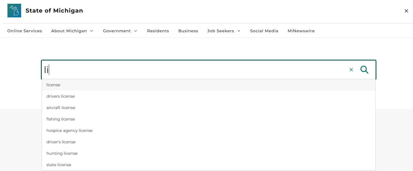 Image of the new Michigan.gov search showing a search initiated from the Michigan.gov search feature.