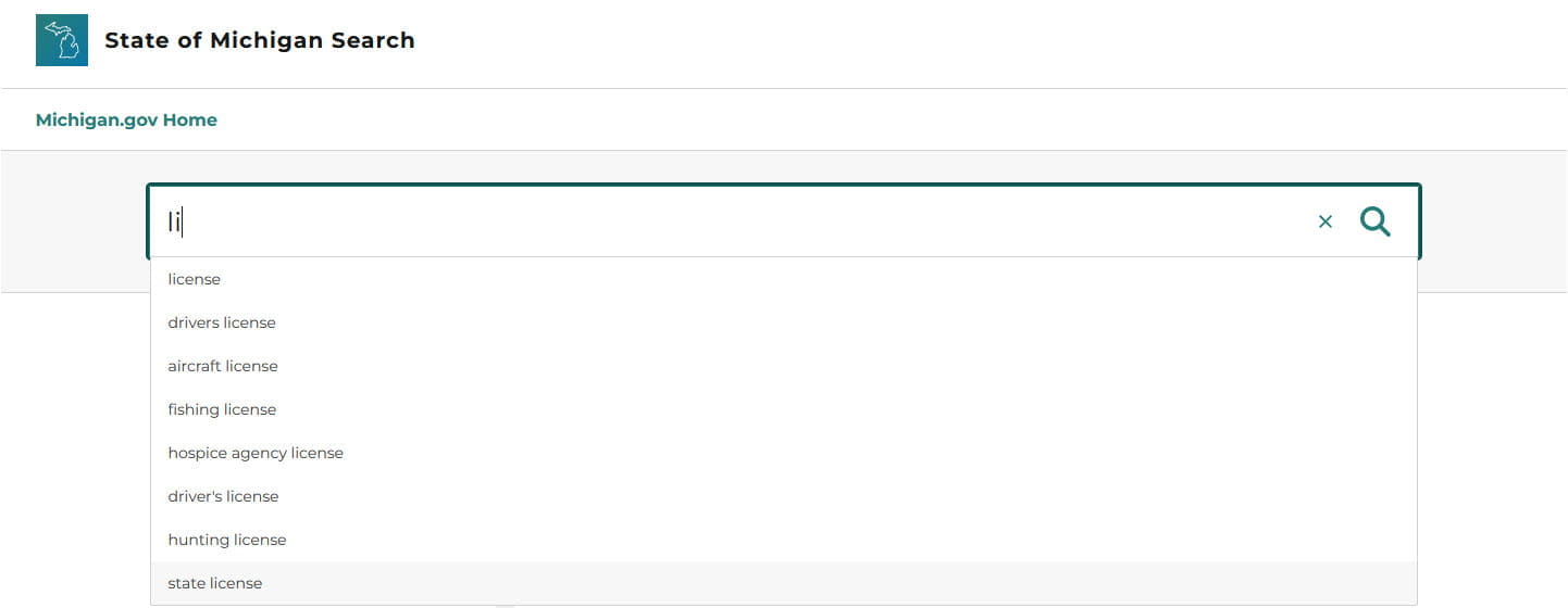 Image of the new Michigan.gov search showing a search initiated from a agency site.