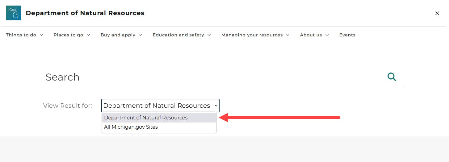 Image of the new Michigan.gov search showing search scope options.