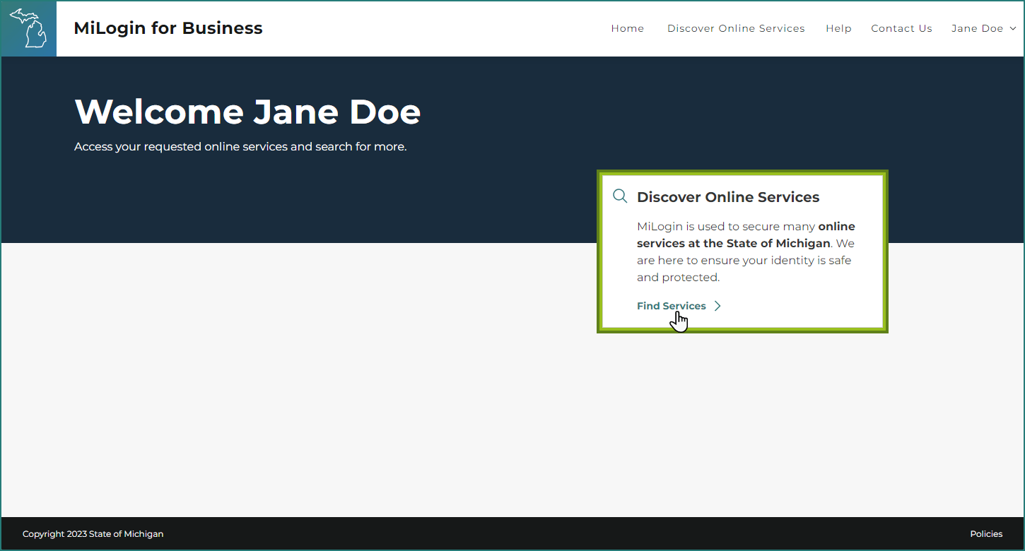 MiLogin for Business homepage. The picture highlights the Discover Online Services section and indicates where to select Find Services.
